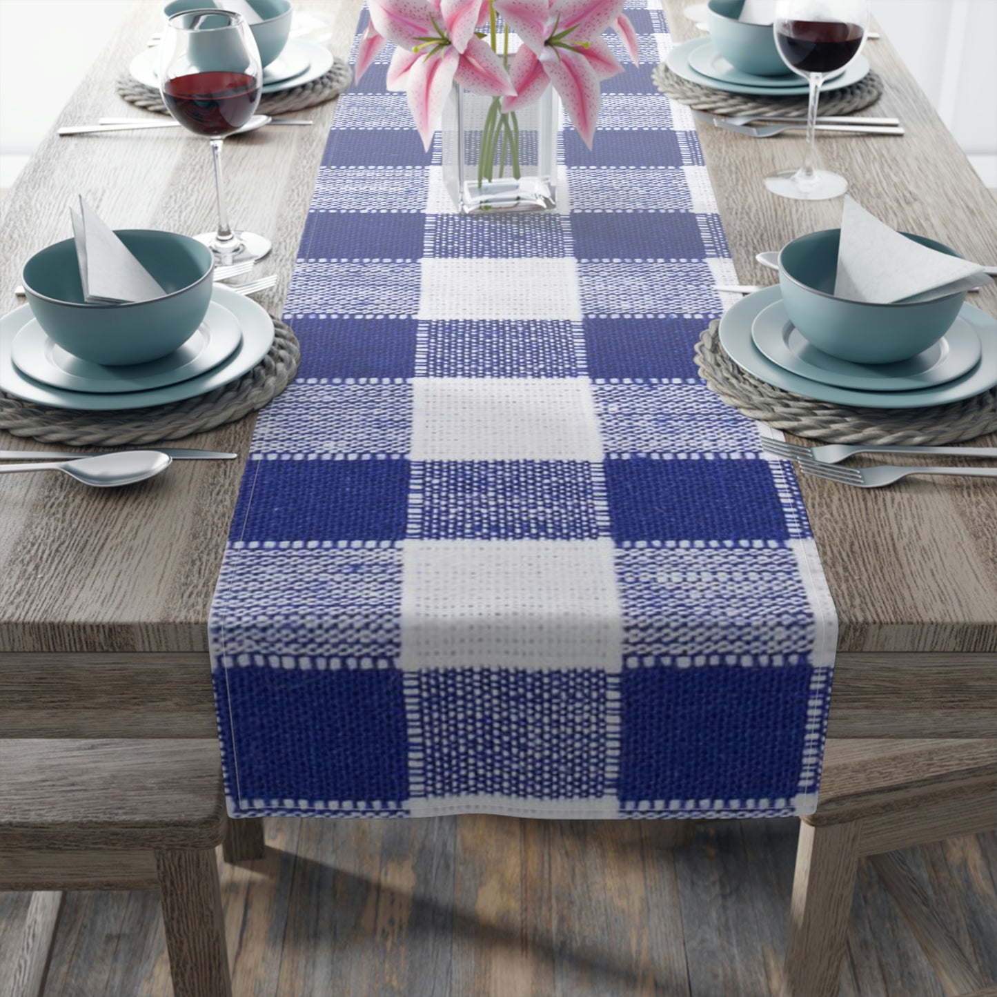 Table Runner (Cotton, Poly)-Blue and White Plaid
