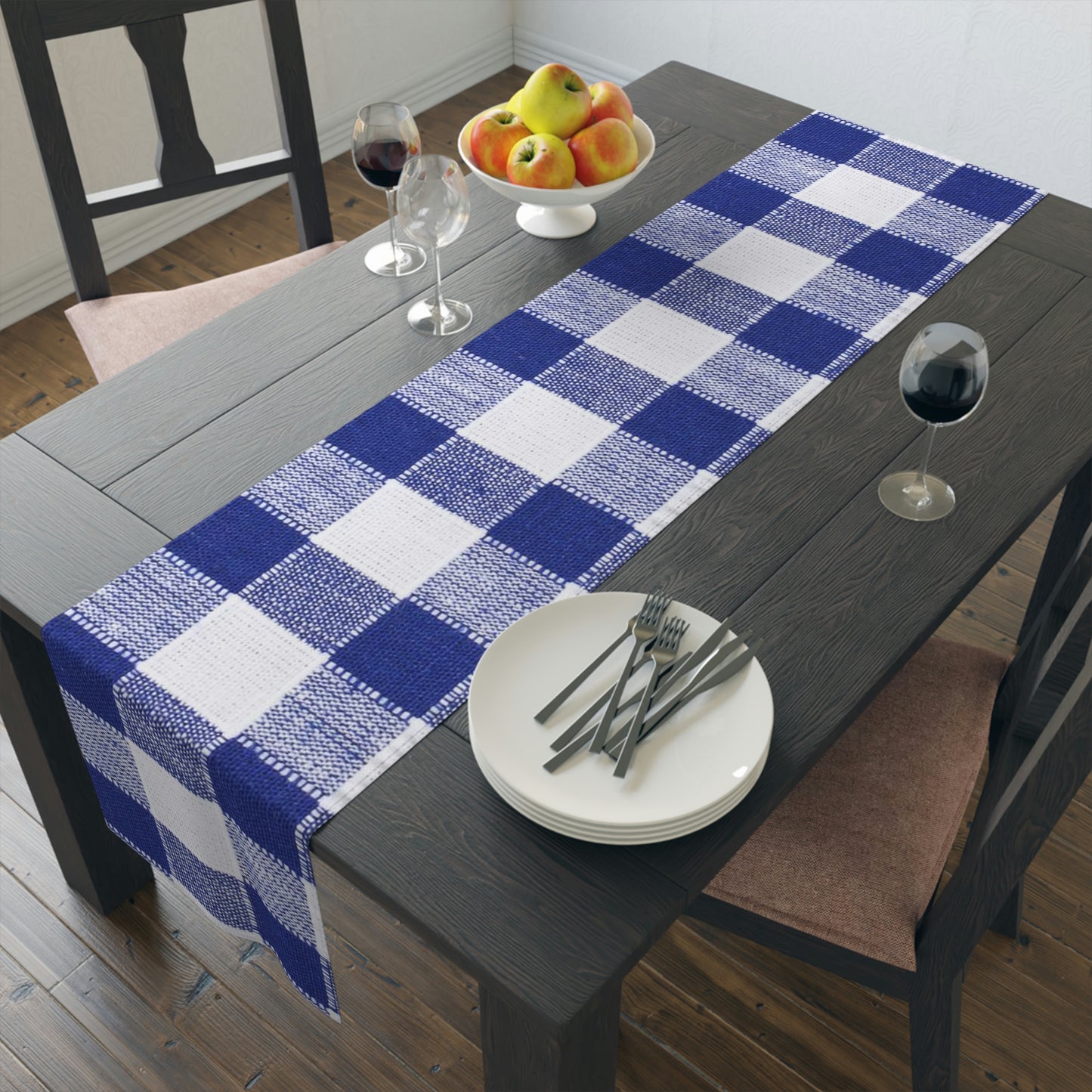 Table Runner (Cotton, Poly)-Blue and White Plaid