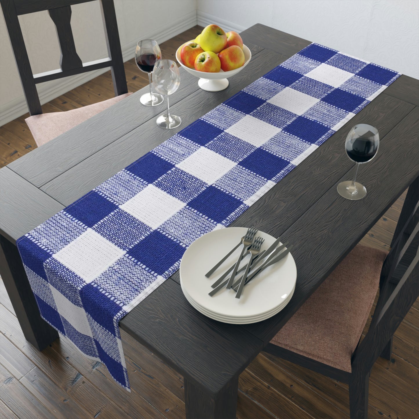 Table Runner (Cotton, Poly)-Blue and White Plaid