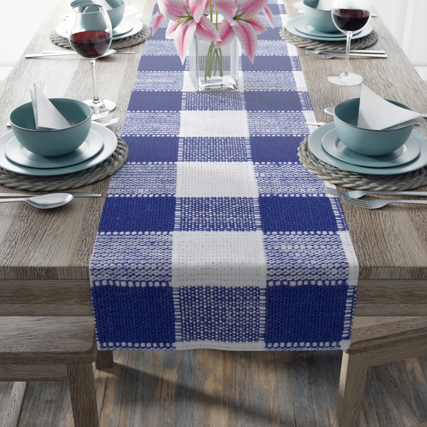 Table Runner (Cotton, Poly)-Blue and White Plaid